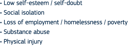   Low self-esteem   self-doubt   Social isolation   Loss of employment   homelessness   poverty   Substance abuse   P   