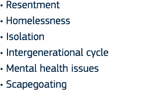   Resentment   Homelessness   Isolation   Intergenerational cycle   Mental health issues   Scapegoating